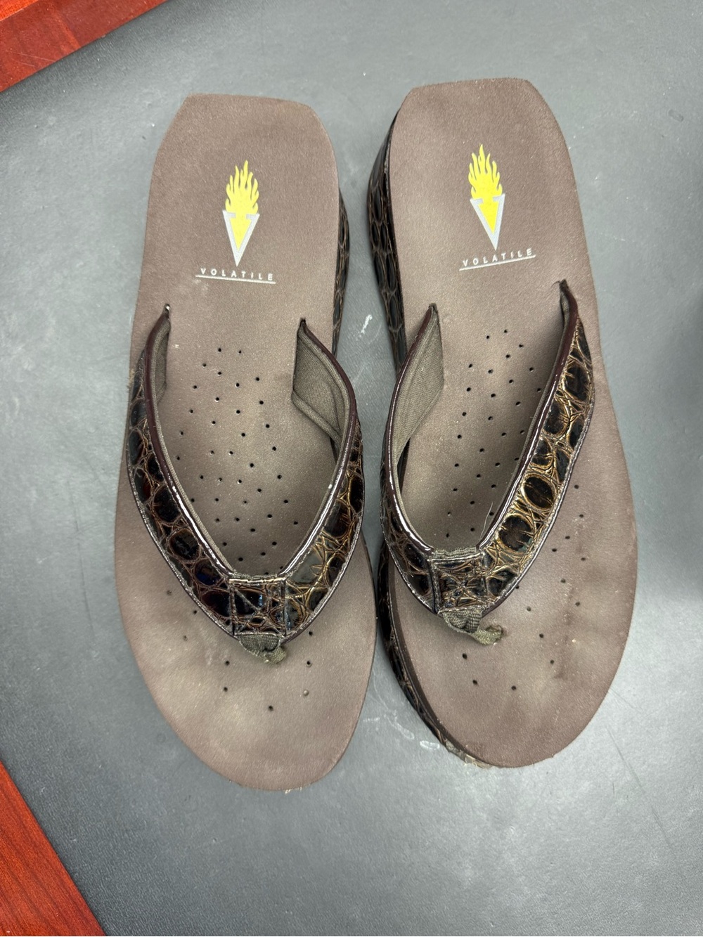 Volatile Brown Croc-Embossed Thong Sandals with Perforated Footbed